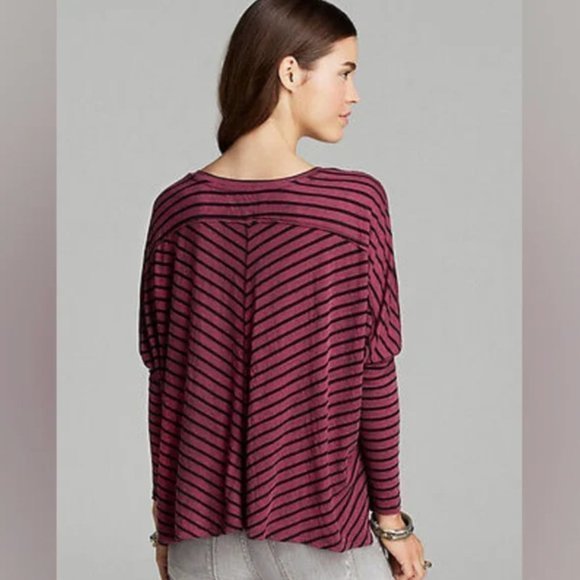 Free People We The Free Oversize Striped Pandora’s Boxy Tee Burgundy Maroon Sz M - Picture 2 of 10